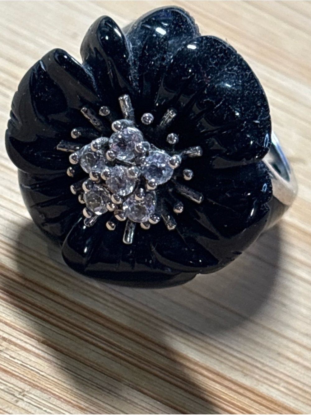 Rare Angélique de Paris Sterling Silver Black Resin Floral Poppy Ring CZ NWT 7.5
